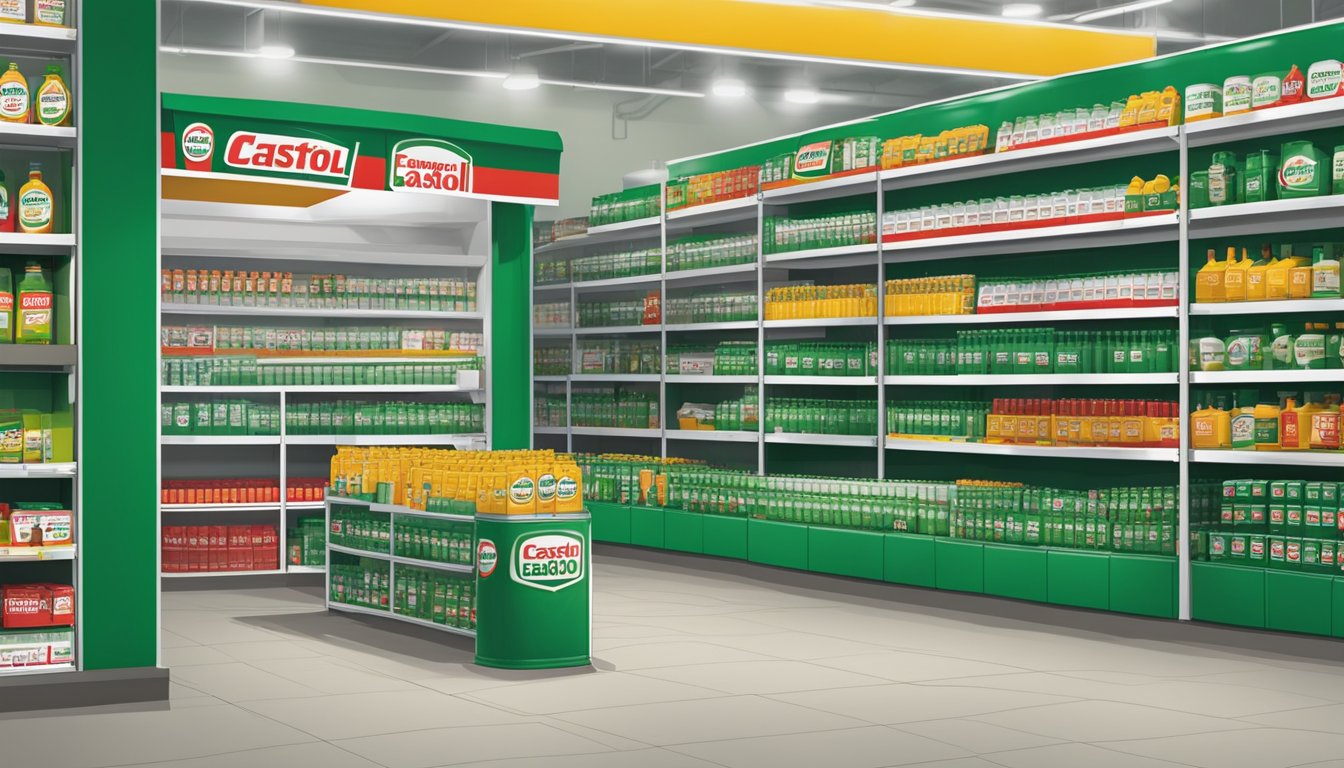 Shelves stocked with Castrol engine oil in a Singapore store, with a prominent "Frequently Asked Questions" sign
