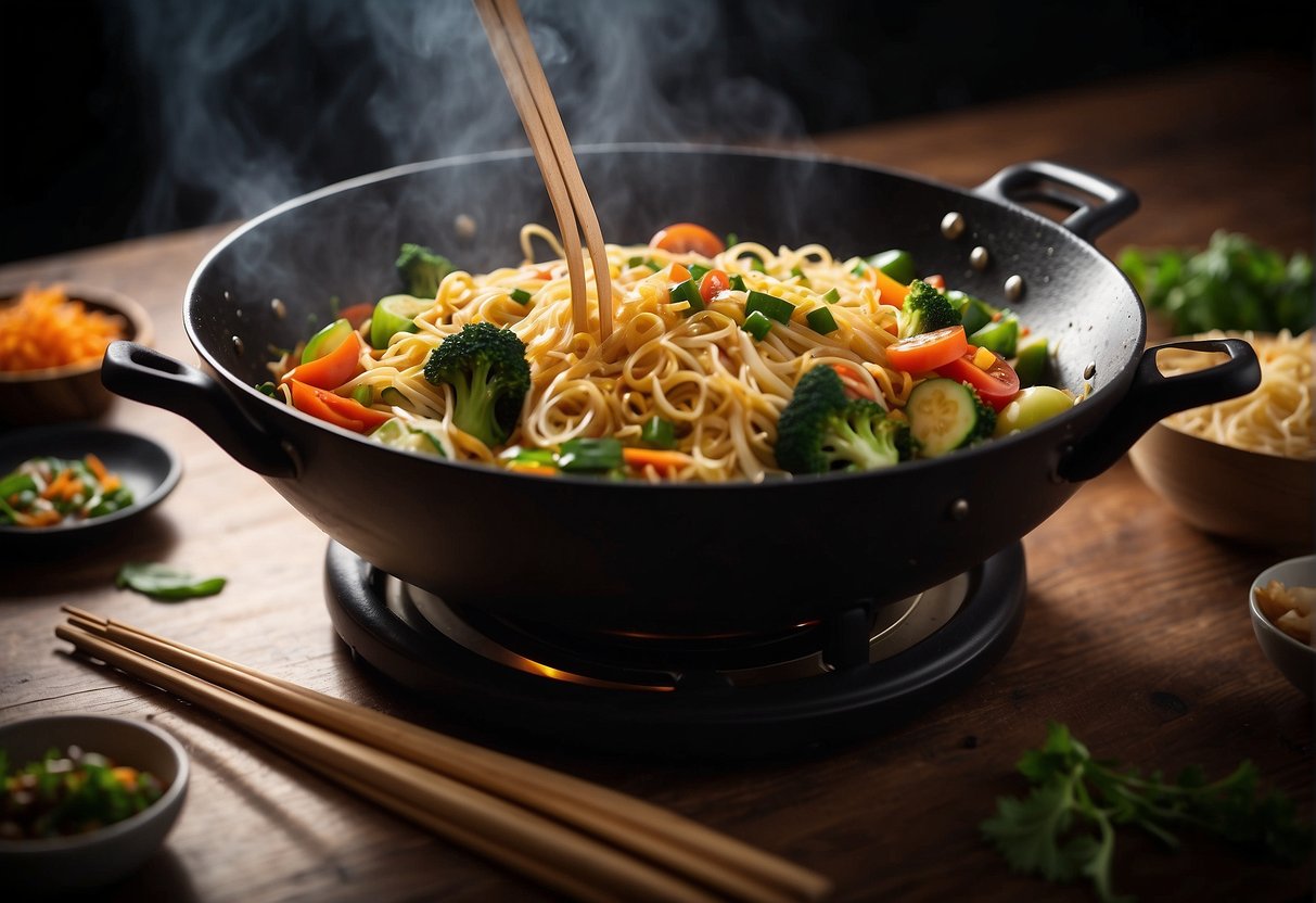 A wok sizzles with stir-fried noodles and vegetables topped with melted cheese. A pair of chopsticks and a serving spoon are ready nearby