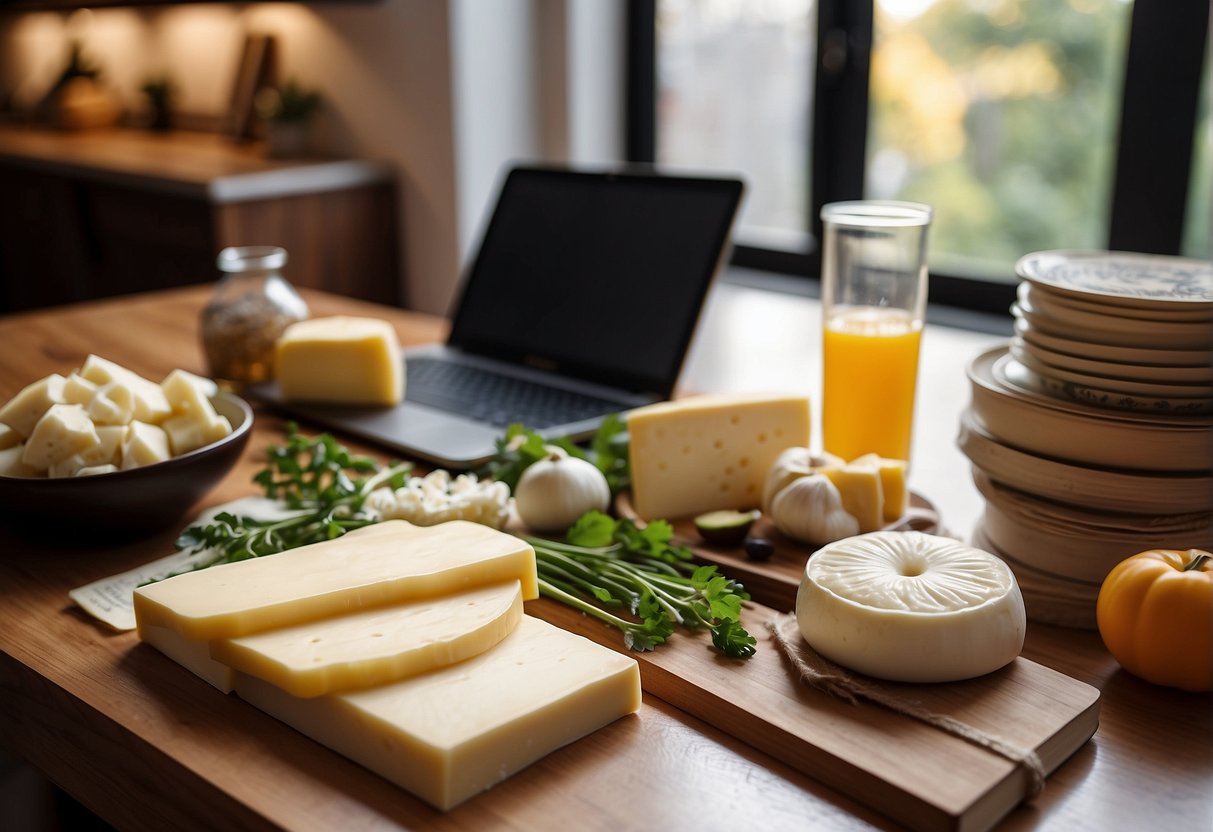 A table with Chinese recipe ingredients and a block of cheese, surrounded by open cookbooks and a laptop showing FAQ pages