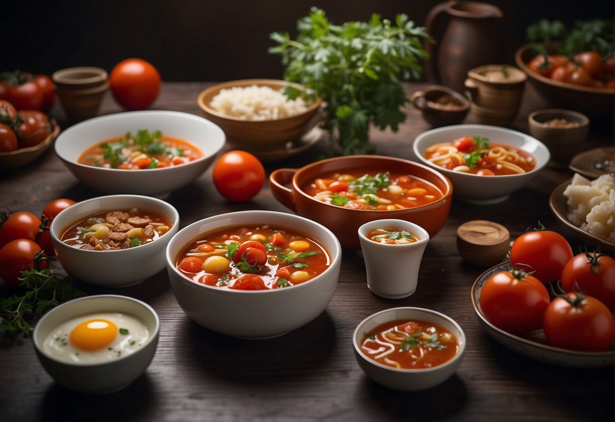 A table set with various Chinese tomato dishes, including stir-fried tomatoes, tomato and egg soup, and tomato beef stew