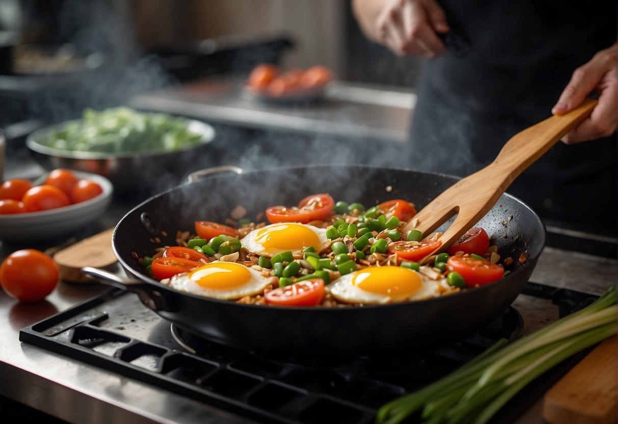 A wok sizzles with stir-fried tomatoes and eggs, while a chef adds a dash of soy sauce and sugar. Green onions and garlic sizzle in the background