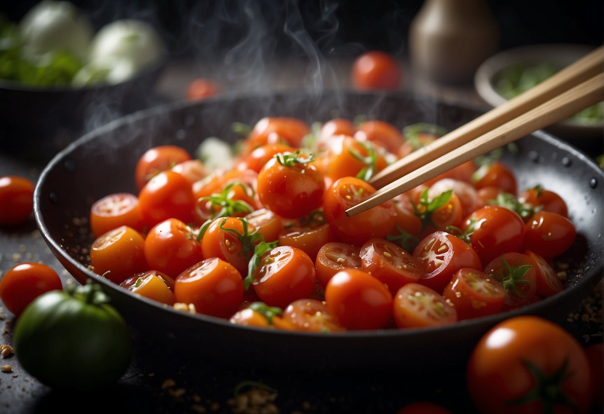 Tomatoes being sliced and diced, wok sizzling with garlic and ginger, steam rising from a bubbling sauce, chopsticks stirring and tossing ingredients