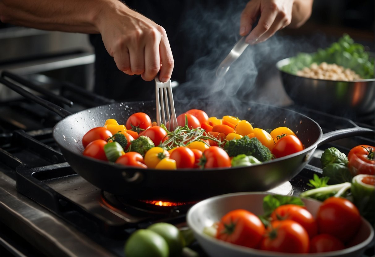 Tomatoes being added to a sizzling wok with colorful vegetables, tofu, and spices, creating a fragrant and savory aroma