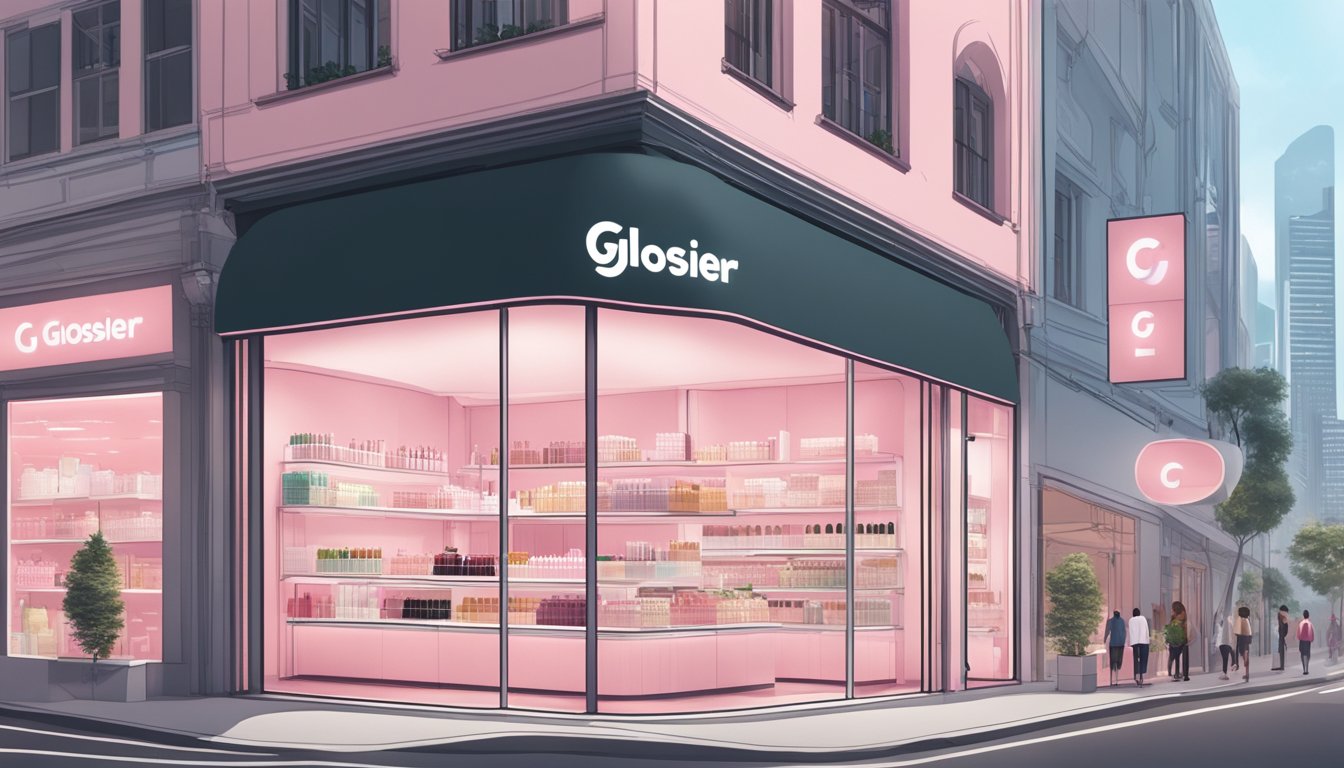 A bright and modern storefront with the Glossier logo and products displayed, surrounded by bustling streets in Singapore