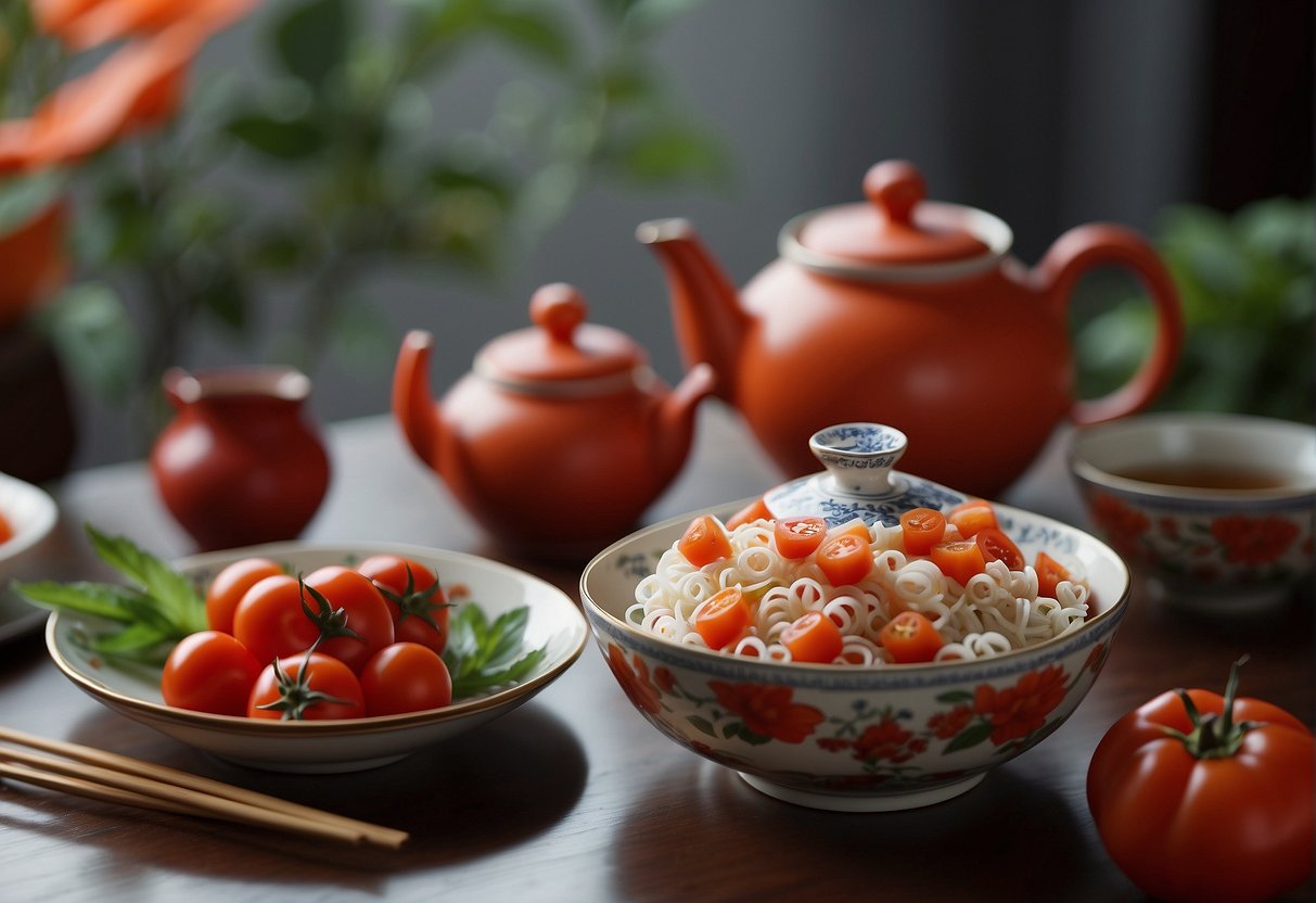 A table set with Chinese dishes featuring tomatoes, surrounded by chopsticks and a teapot