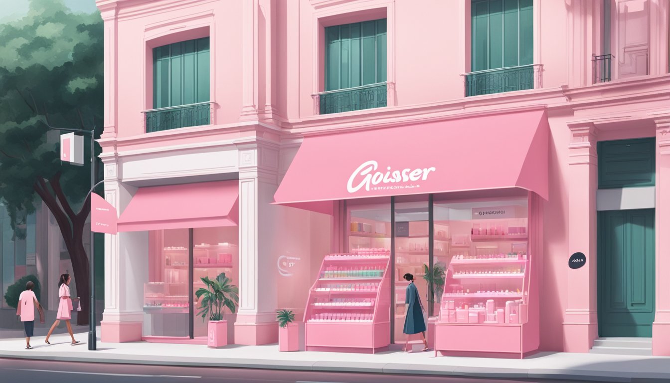 A bright, minimalist storefront in Singapore's bustling shopping district showcases Glossier's iconic pink branding and sleek product displays