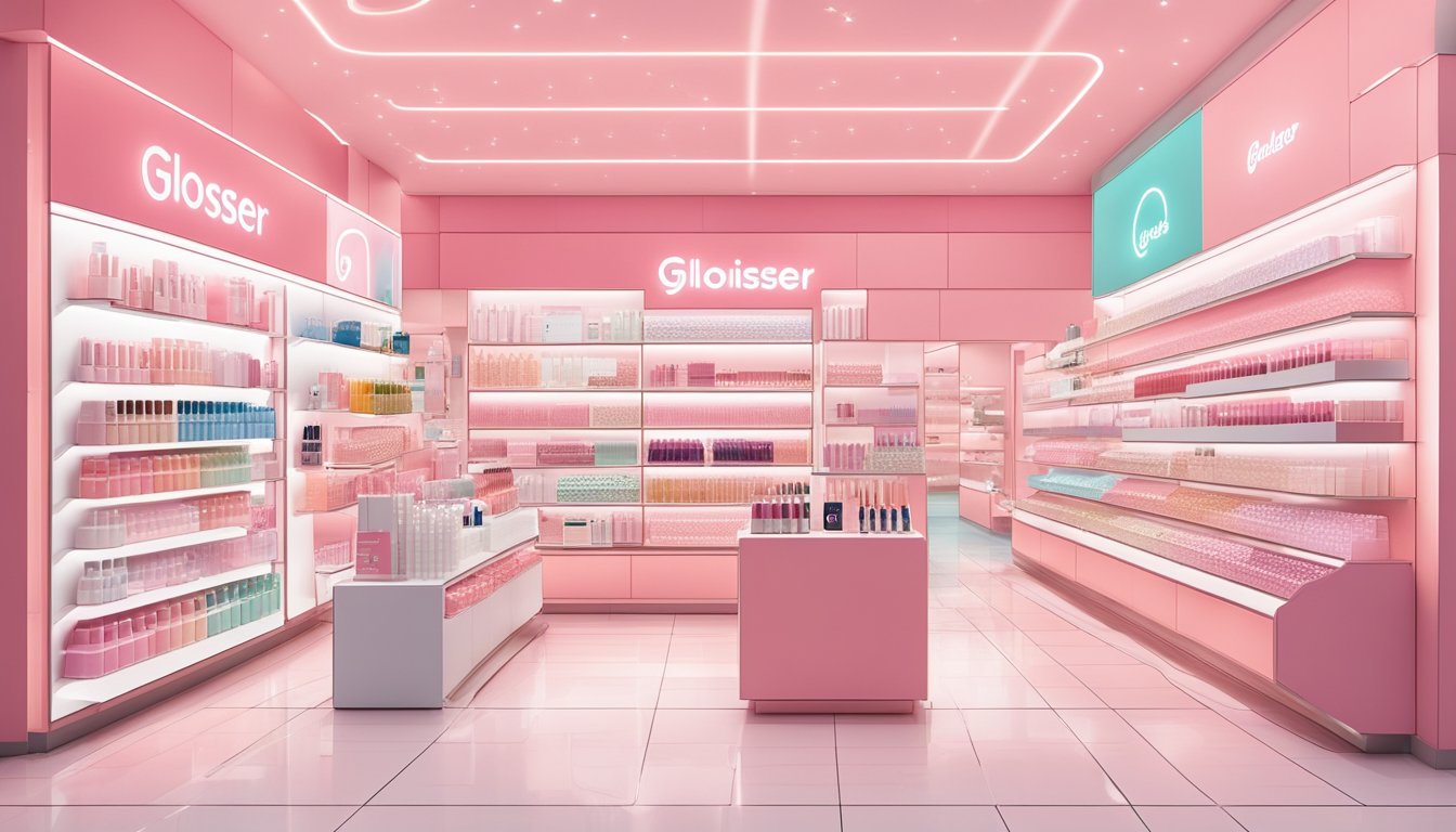 A vibrant display of Glossier products at a sleek, modern store in Singapore, with helpful signage and friendly staff assisting customers
