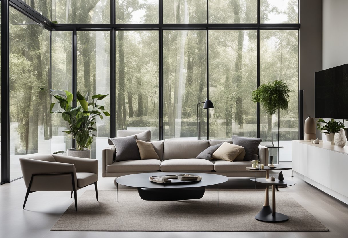 A modern, minimalist living room with sleek furniture and a neutral color palette. Large windows let in natural light, highlighting the clean lines and open space