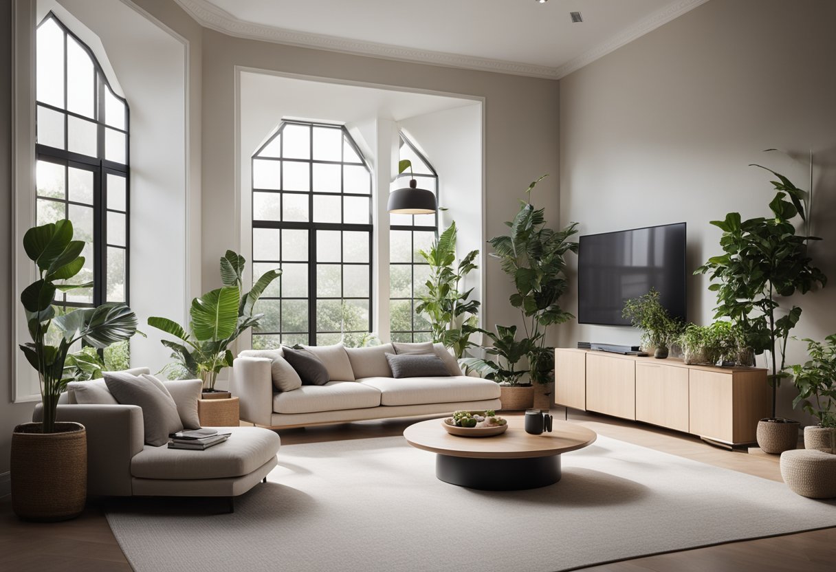 A modern living room with clean lines, neutral colors, and minimalistic furniture. A large window lets in natural light, and potted plants add a touch of greenery