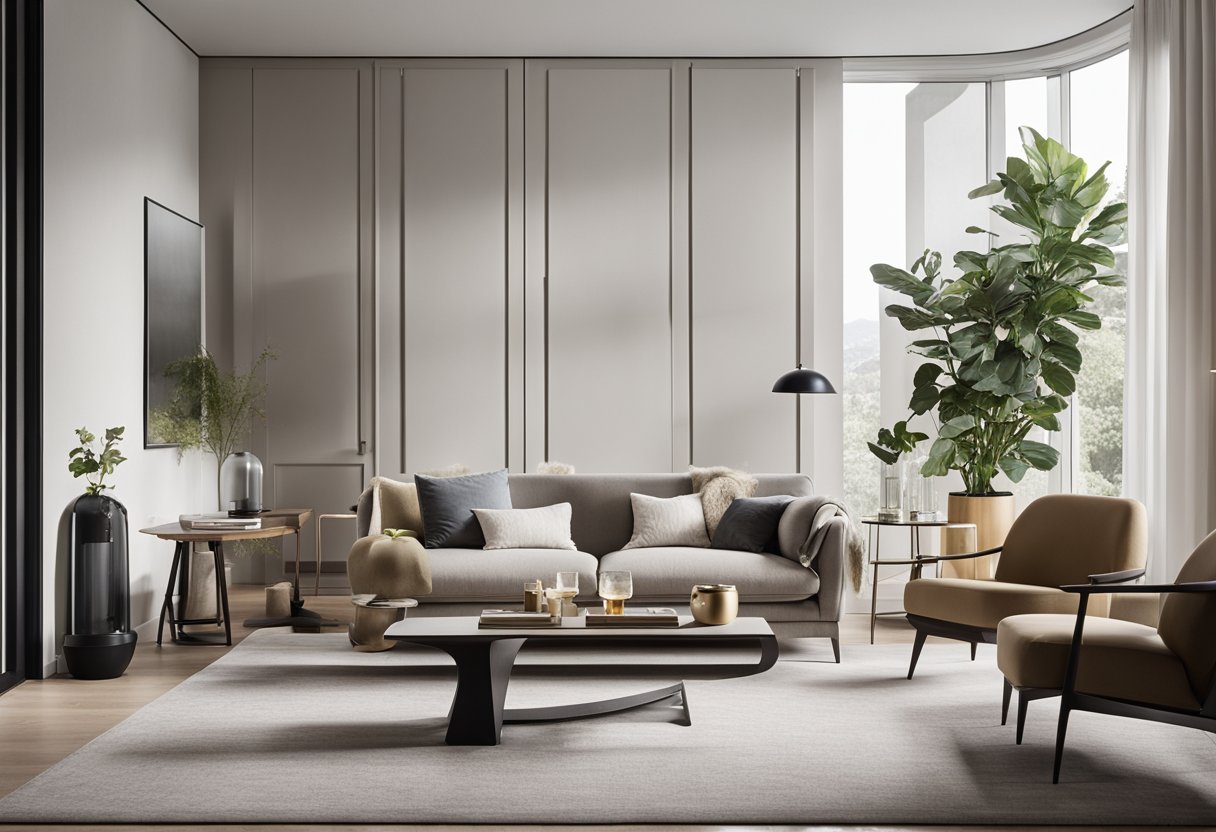 A modern living room with clean lines, minimal furniture, and neutral colors. Geometric shapes and sleek surfaces create a sense of simplicity and sophistication