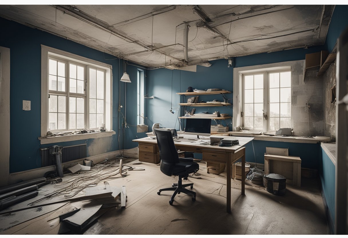A room with exposed wiring, dusty floors, and peeling paint. Tools and construction materials scattered around. Blueprints and renovation plans on a table