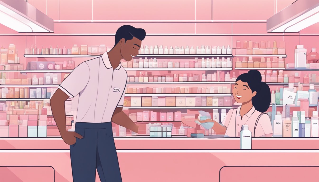 A bright, modern store with sleek displays of Glossier products and a helpful sales associate assisting a customer in Singapore