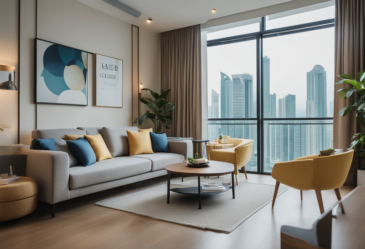 A newly renovated Singaporean apartment with modern furniture and fixtures, clean and bright with natural light streaming through large windows