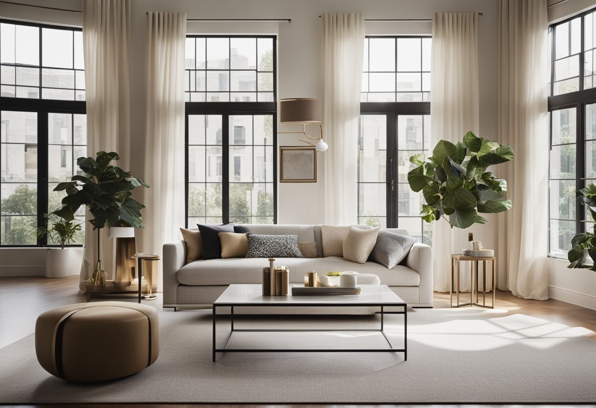 A modern living room with clean lines, neutral colors, and minimalistic furniture. A large window lets in natural light, while geometric patterns and metallic accents add a touch of sophistication