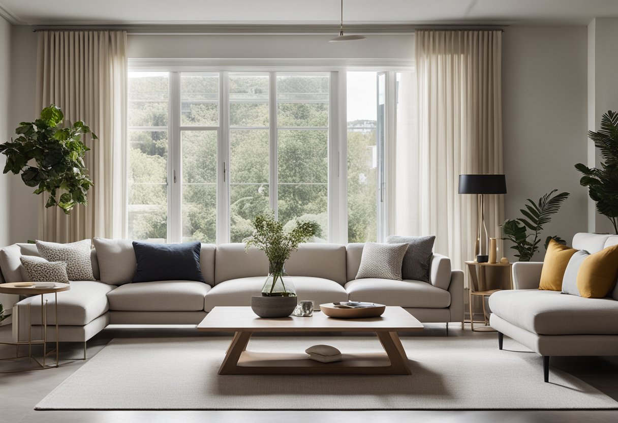 A modern living room with clean lines, neutral colors, and minimalistic furniture. Large windows let in natural light, and a statement piece of artwork adds a pop of color to the space