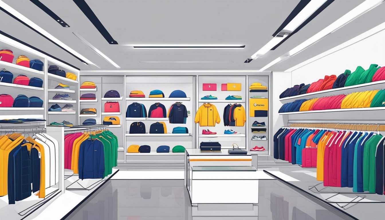 A modern, brightly lit store in Singapore displaying racks of vibrant Champion apparel and accessories. Bright, bold logos and designs catch the eye, while a sleek, minimalist interior provides a clean backdrop