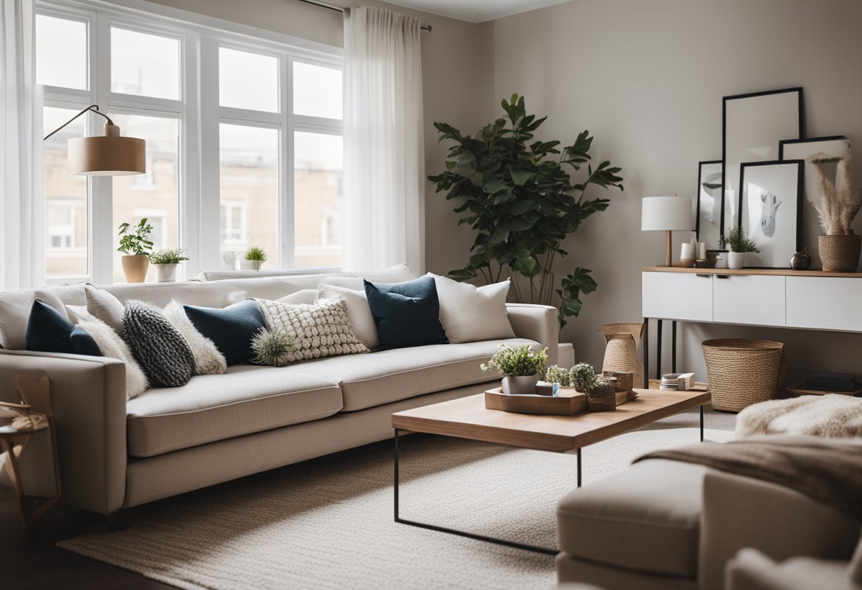 A cozy living room with modern furniture, neutral colors, and clean lines. A large window lets in natural light, and a cozy rug anchors the space