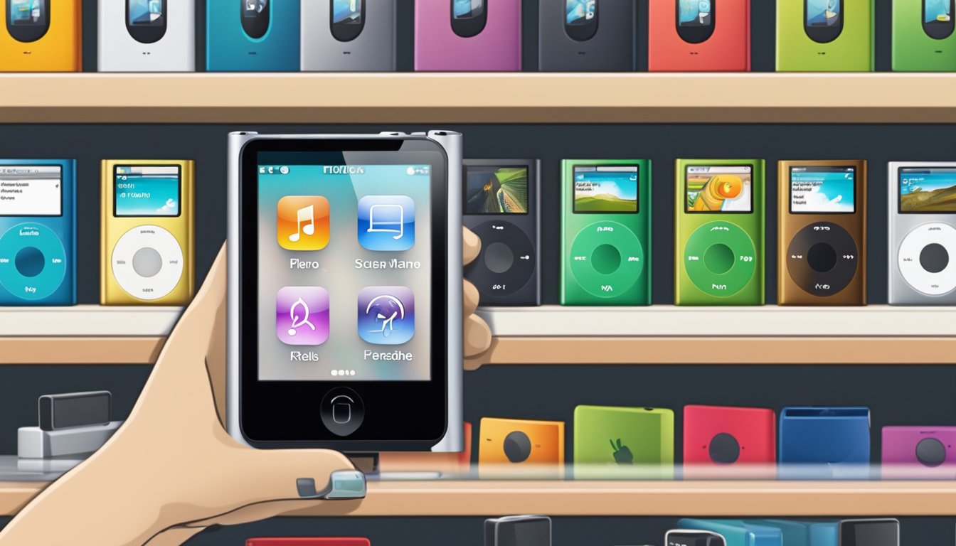 An iPod Nano sits on a store shelf in Singapore, surrounded by other electronic devices
