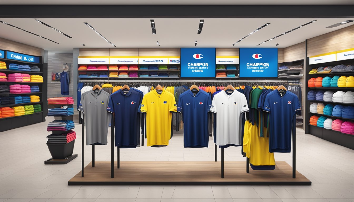 Sportswear outlets showcase exclusive deals on Champion Singapore apparel. Bright signage and bold displays attract shoppers
