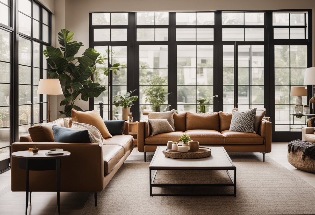 A cozy living room with a mix of modern and vintage furniture, earthy color palette, and plenty of natural light streaming in from large windows