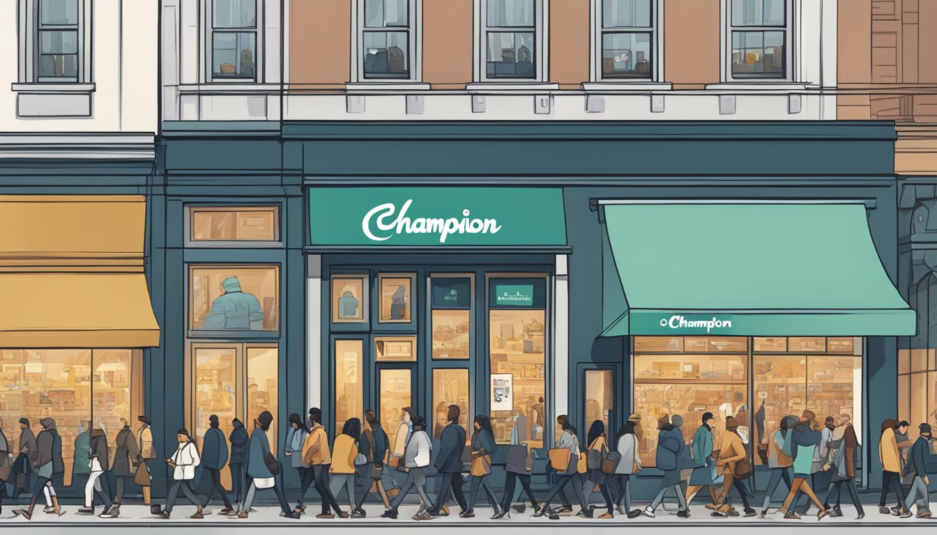 A crowded city street with a prominent storefront displaying the "Champion" logo. People are walking by, some looking at their phones, others window shopping