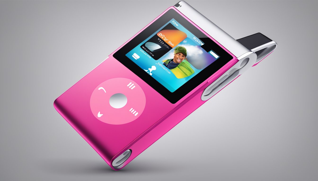 The iPod Nano is a sleek, compact device with a colorful touchscreen display, a built-in FM radio, and a clip for easy attachment to clothing