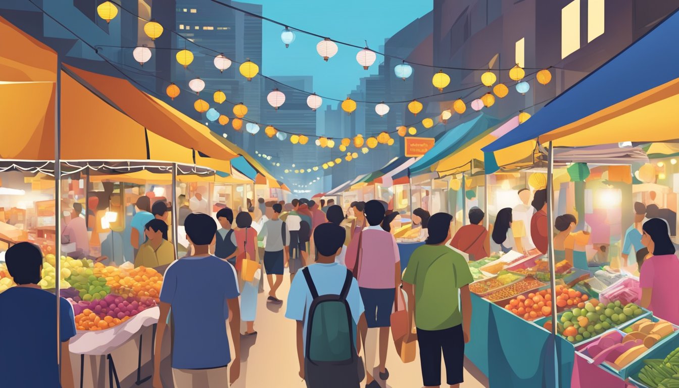 A bustling street market in Singapore, with colorful stalls selling a variety of affordable lights and lanterns. Bright signs and vendors attract shoppers