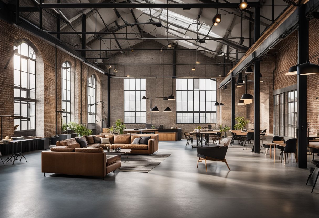A spacious, open-plan industrial interior with exposed brick walls, metal beams, and concrete floors. Large windows flood the space with natural light, and minimalist furniture adds to the modern, urban aesthetic