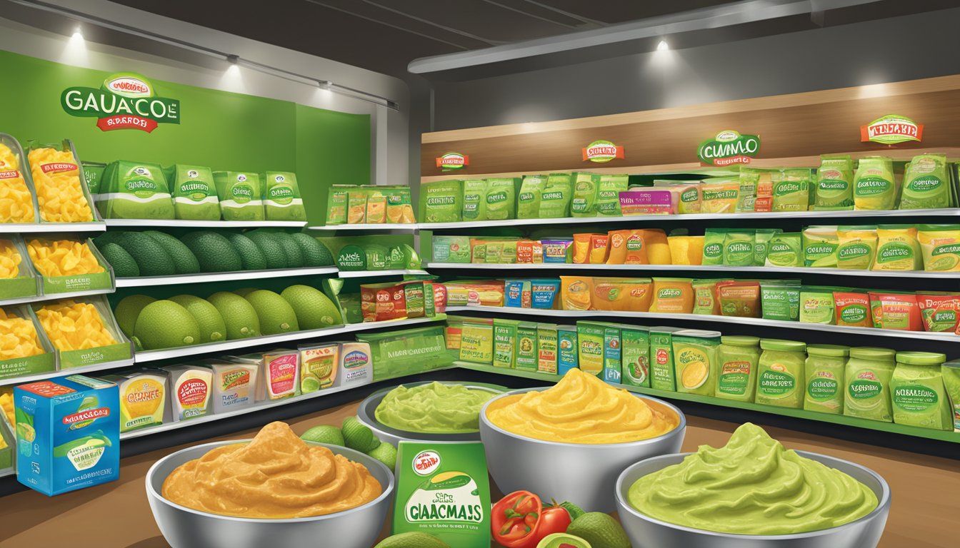 A bustling grocery store shelf displays various guacamole dip brands in Singapore. Bright packaging and fresh avocados create an enticing display