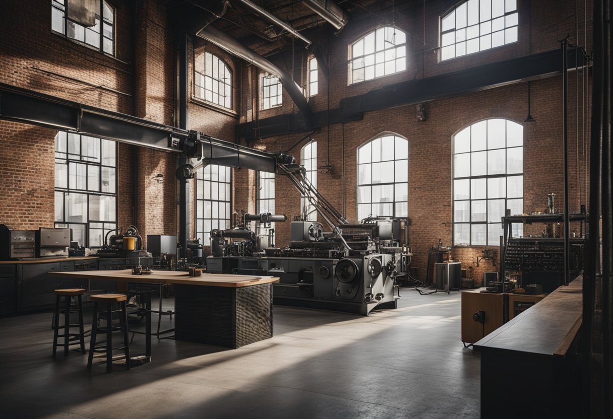 An industrial-style interior with exposed brick walls, metal beams, and large windows. Vintage machinery and raw materials add to the rugged, utilitarian aesthetic