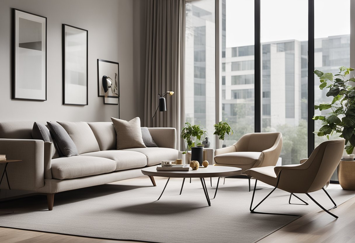 A sleek, minimalist living room with clean lines, neutral colors, and geometric shapes. A statement piece of modern furniture anchors the space, while large windows let in natural light