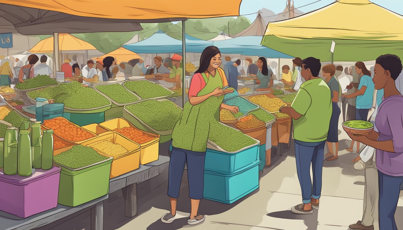 A bustling outdoor market stall displays various guacamole dips in colorful containers, with customers sampling and chatting with the friendly vendor