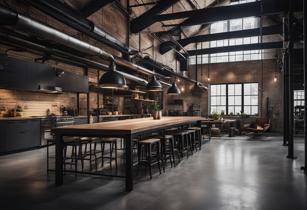 An industrial style interior with exposed brick walls, metal pipes, and concrete floors. Minimalist furniture and industrial lighting complete the look