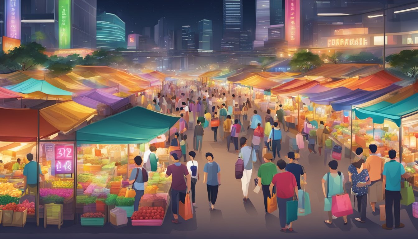 A bustling marketplace with various vendors selling affordable lights in Singapore. Brightly colored signs and bustling crowds create a lively atmosphere