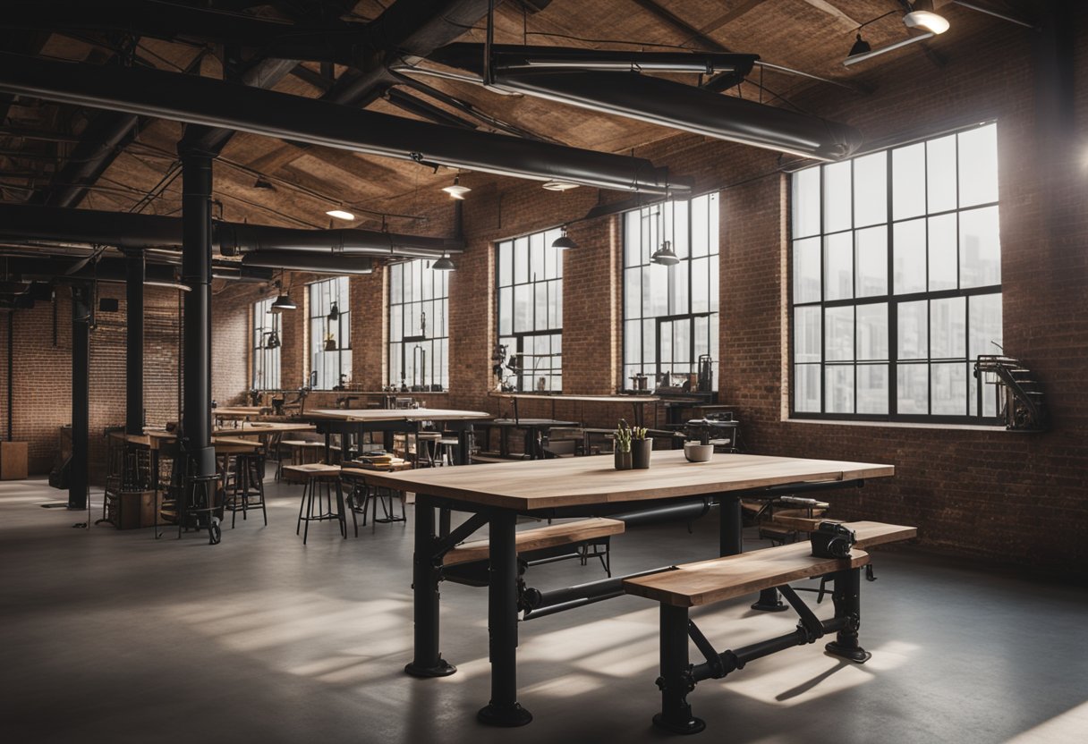 An industrial-style interior with exposed brick walls, metal pipes, and wooden beams. Large windows let in natural light, and vintage industrial furniture completes the look