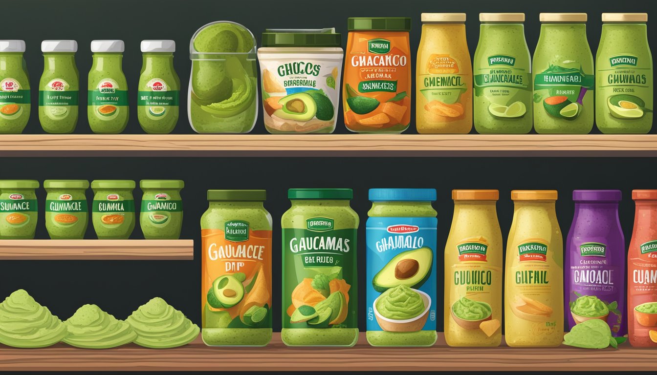 A grocery store shelf with various guacamole dip brands displayed in Singapore