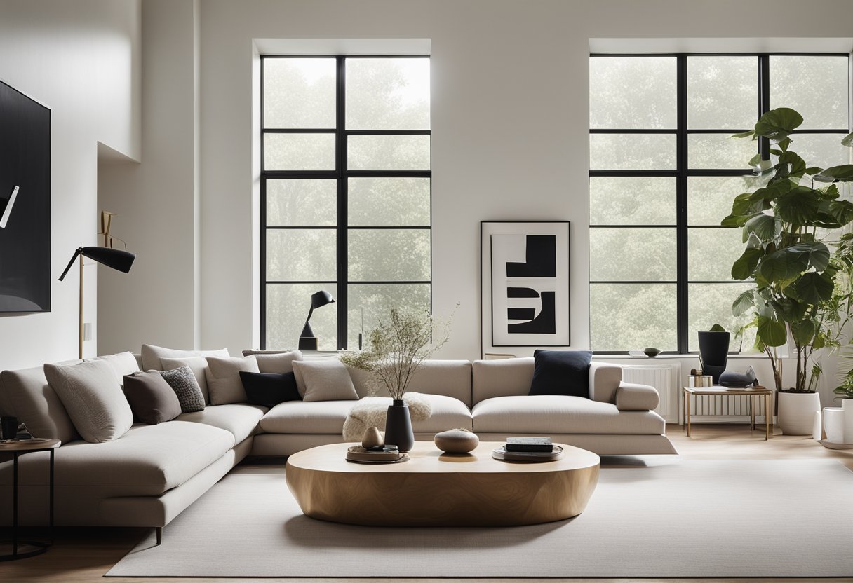 A sleek, minimalist living room with clean lines, neutral colors, and natural materials. Large windows allow for plenty of natural light, and a statement piece of modern art adds a pop of color to the space