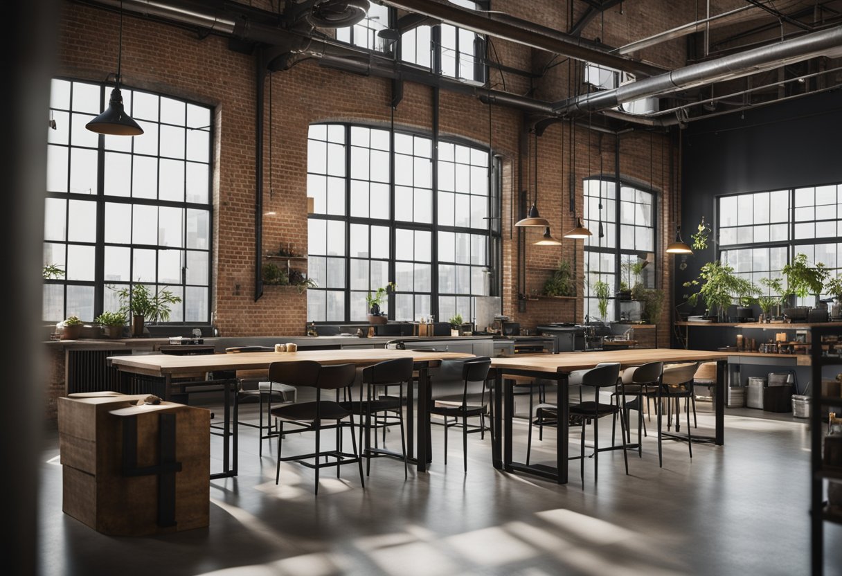 The industrial-style interior features raw materials, exposed pipes, and minimalist furniture with metal accents. Large windows let in natural light, illuminating the spacious, open-concept room