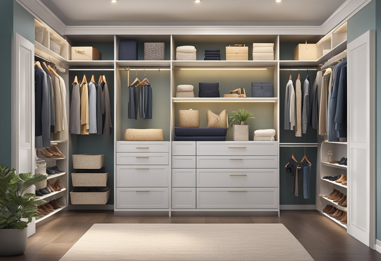 A spacious walk-in closet with built-in shelves, drawers, and hanging rods. Soft lighting illuminates the neatly organized clothes, shoes, and accessories