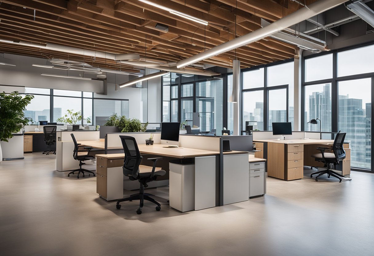 The office interior features modern furniture, clean lines, and a neutral color palette. Large windows allow natural light to fill the space, creating a bright and airy atmosphere