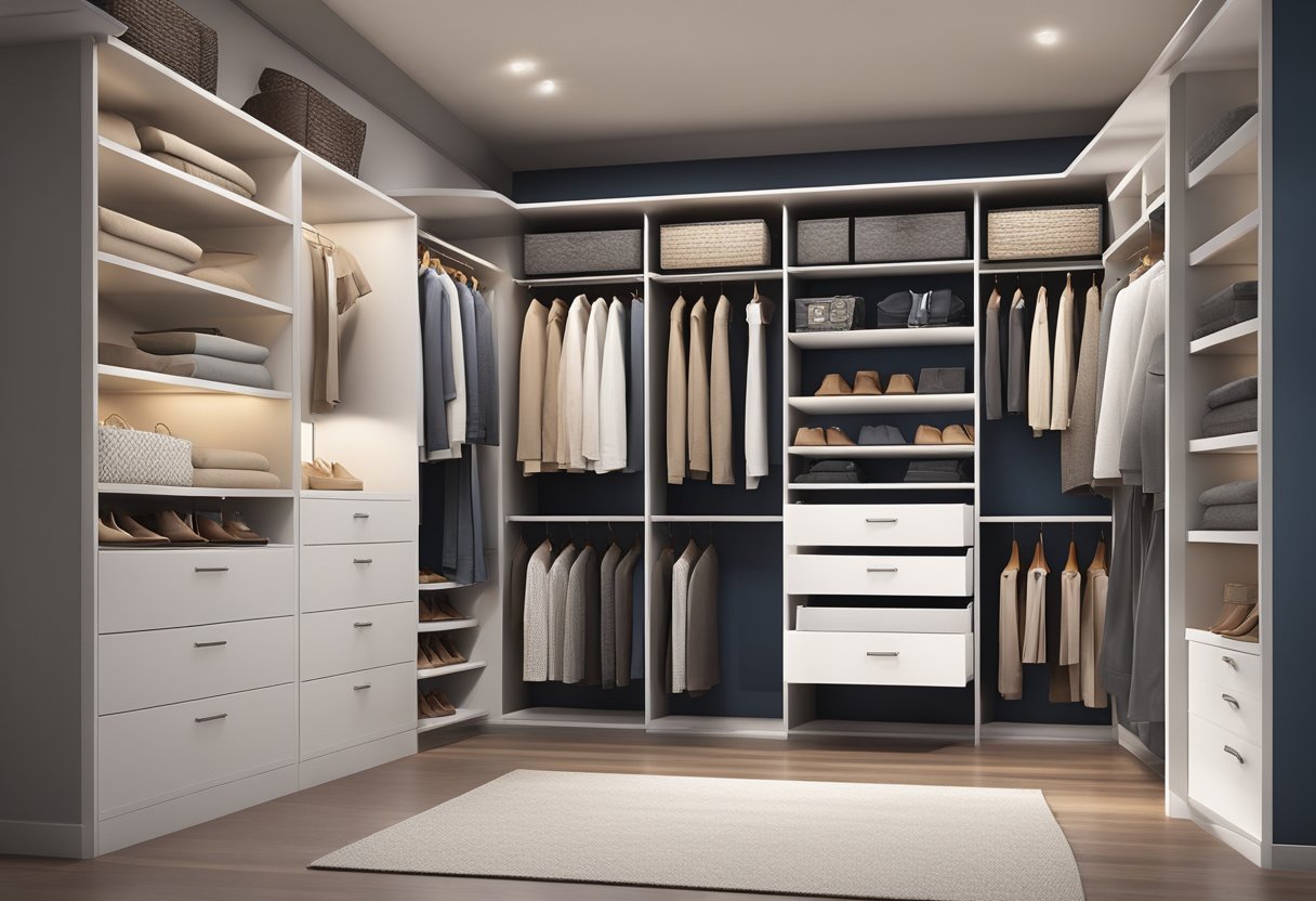 A spacious walk-in wardrobe with custom shelving, drawers, and hanging space. Soft lighting illuminates the neatly organized clothing and accessories