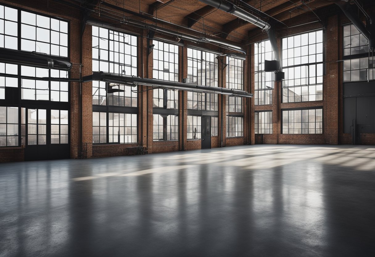 A spacious loft with exposed brick walls, metal pipes, and concrete floors. Large windows let in natural light, highlighting the minimalist furniture and raw, industrial aesthetic