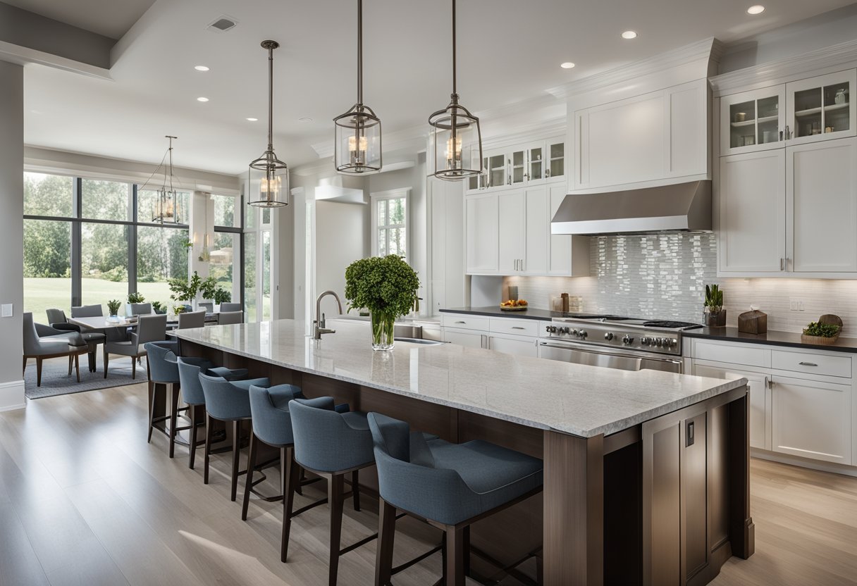 A modern kitchen with sleek stainless steel appliances, granite countertops, and a large island with barstool seating. The natural light floods in through the large windows, highlighting the clean lines and minimalist design