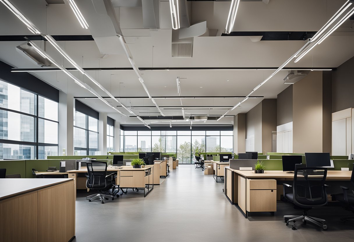 The office interior features modern furniture, natural lighting, and a minimalist color scheme. The open layout promotes collaboration and productivity