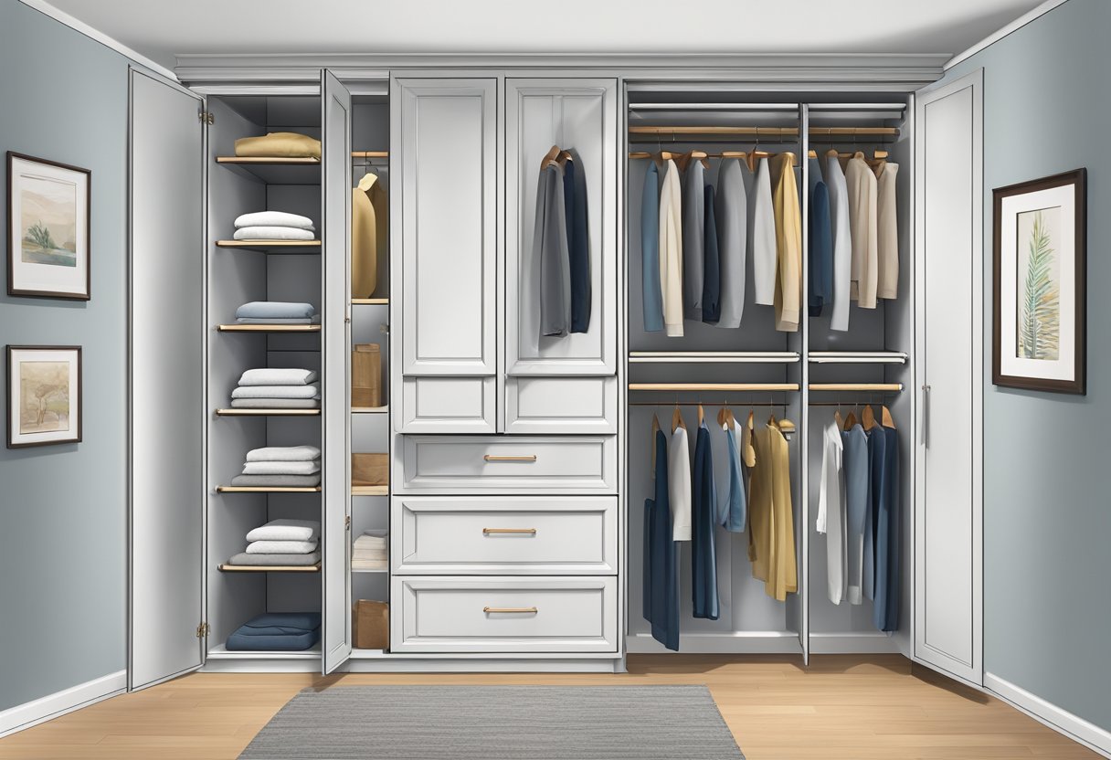 A wardrobe with adjustable shelves, pull-out drawers, and hanging rods to maximize storage space