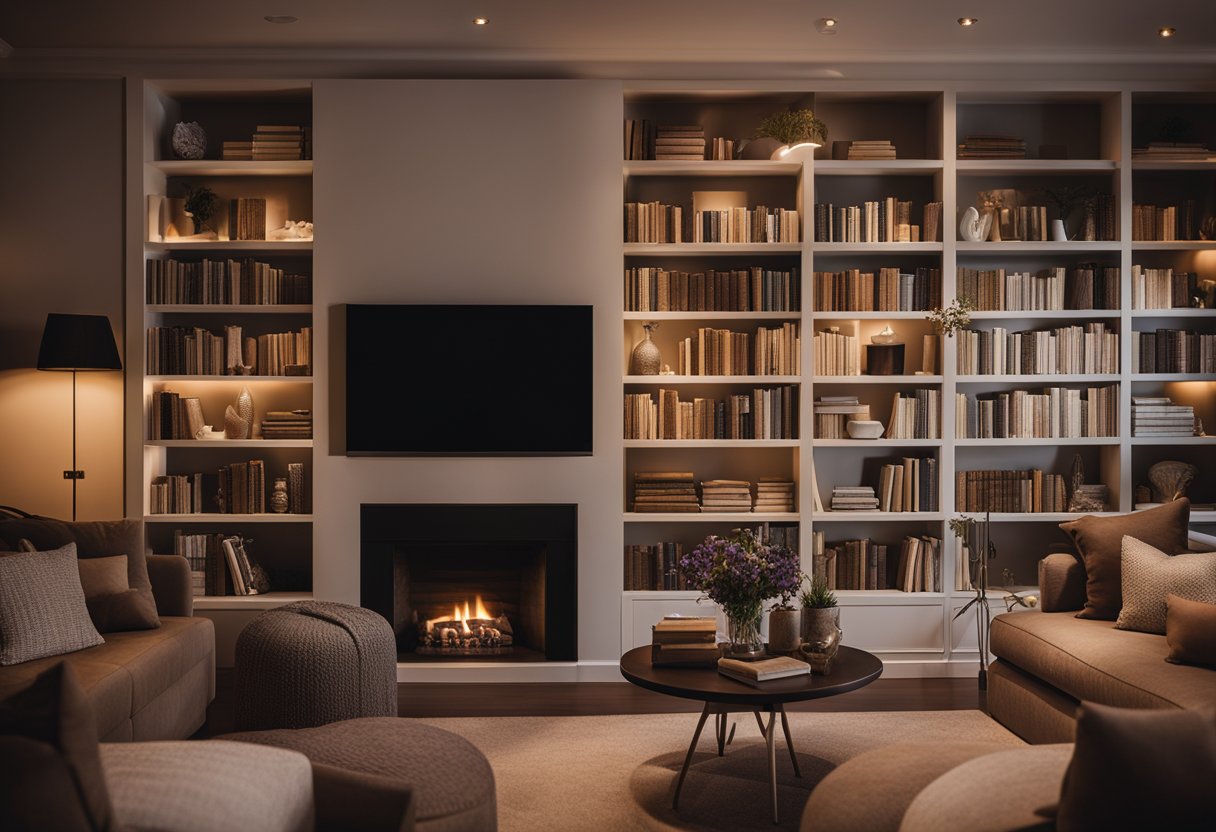 A cozy living room with a large, plush sofa, a warm fireplace, and soft, ambient lighting. A bookshelf filled with books and decorative items adds character to the space