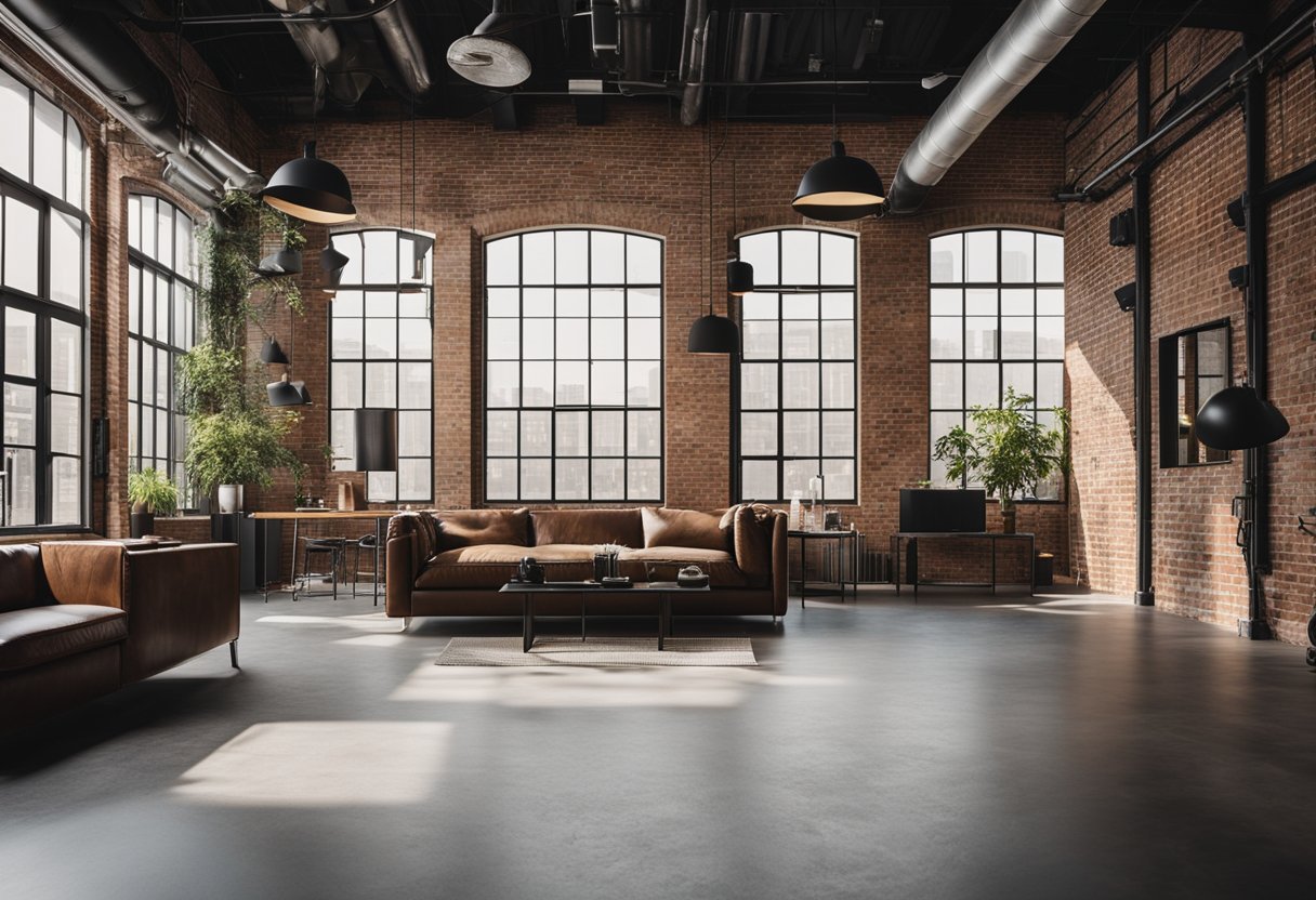 An industrial-style interior with exposed brick walls, metal accents, and contemporary furniture. Large windows let in natural light, creating a modern and minimalist aesthetic