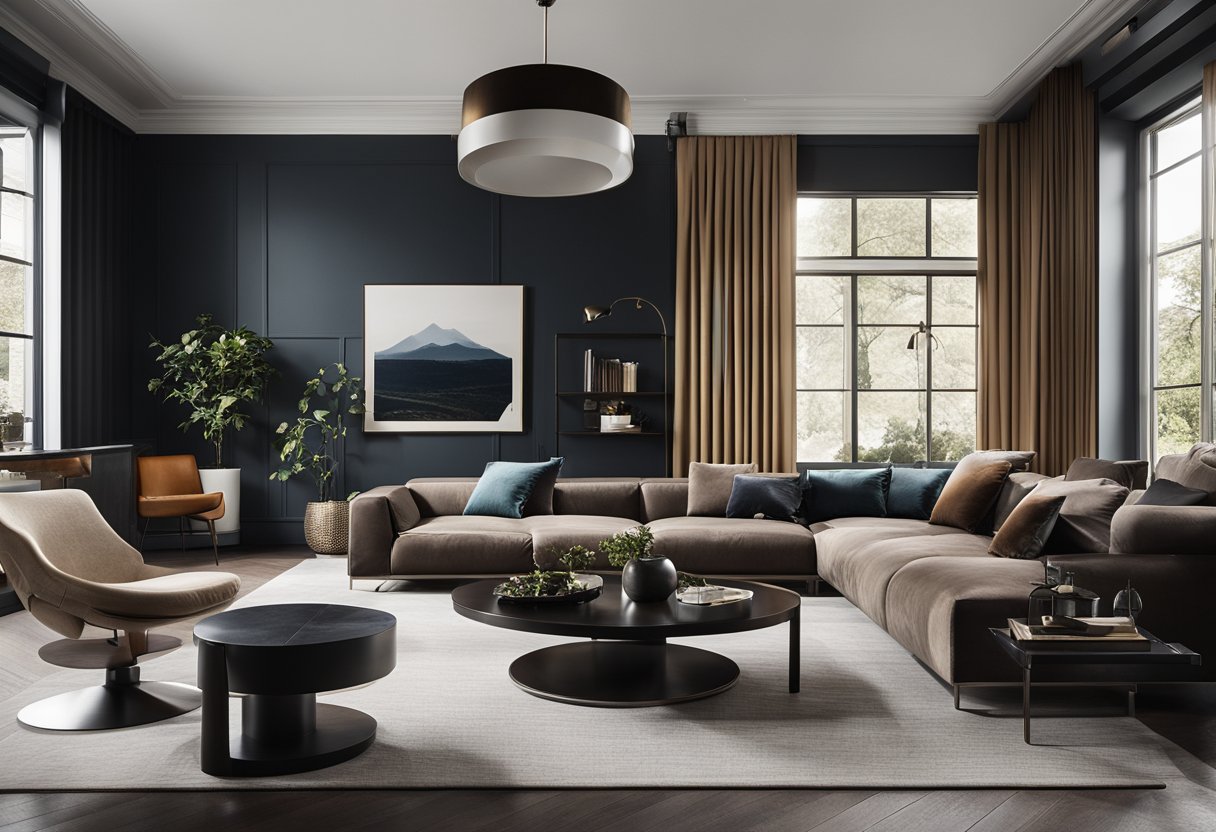 A sleek, minimalist living room with bold, contrasting colors and a variety of textures, including smooth leather, rough stone, and plush velvet