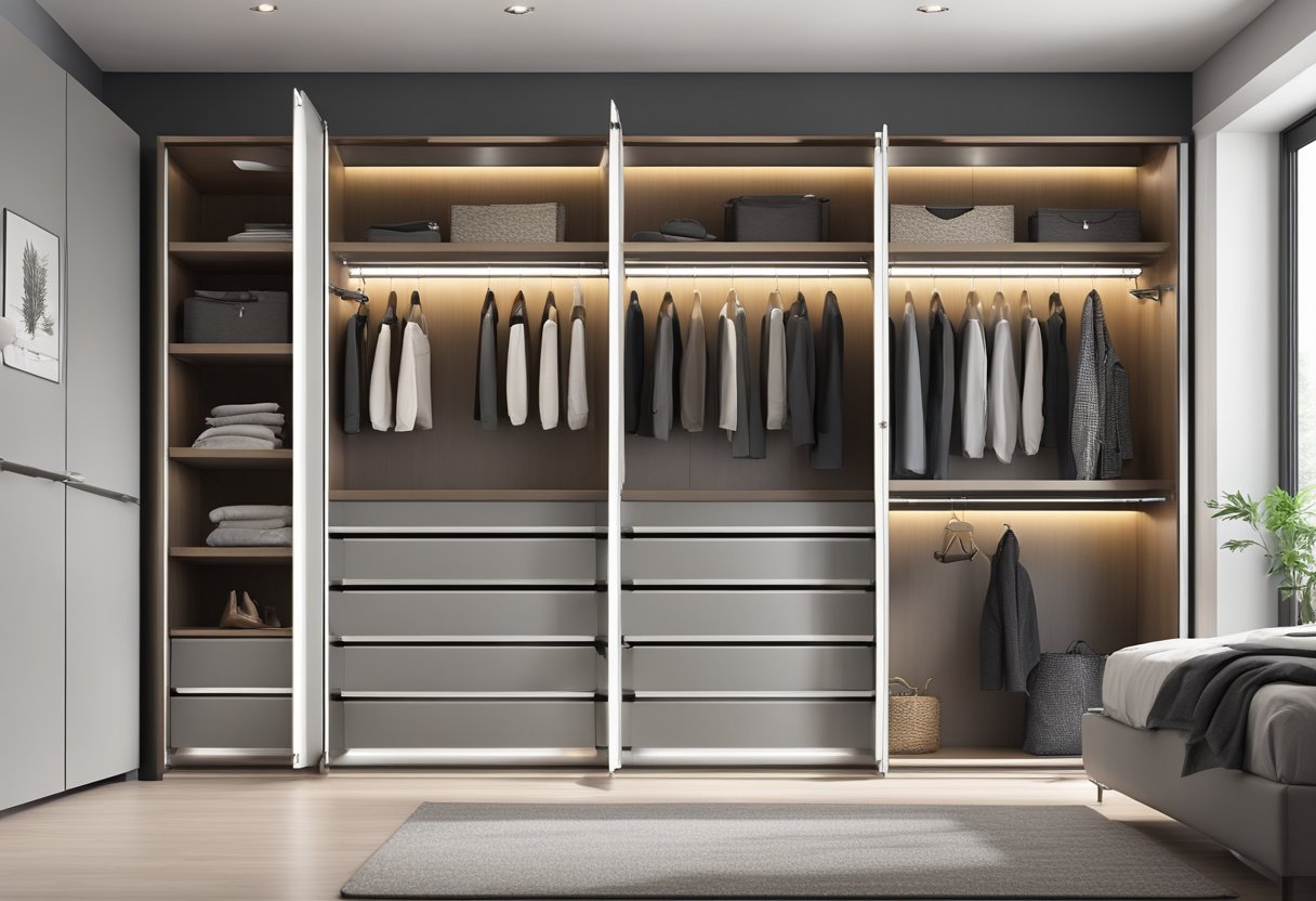 A spacious wardrobe with adjustable shelves, pull-out drawers, and a hanging rod. The interior is well-lit with LED lights and features a full-length mirror on the door