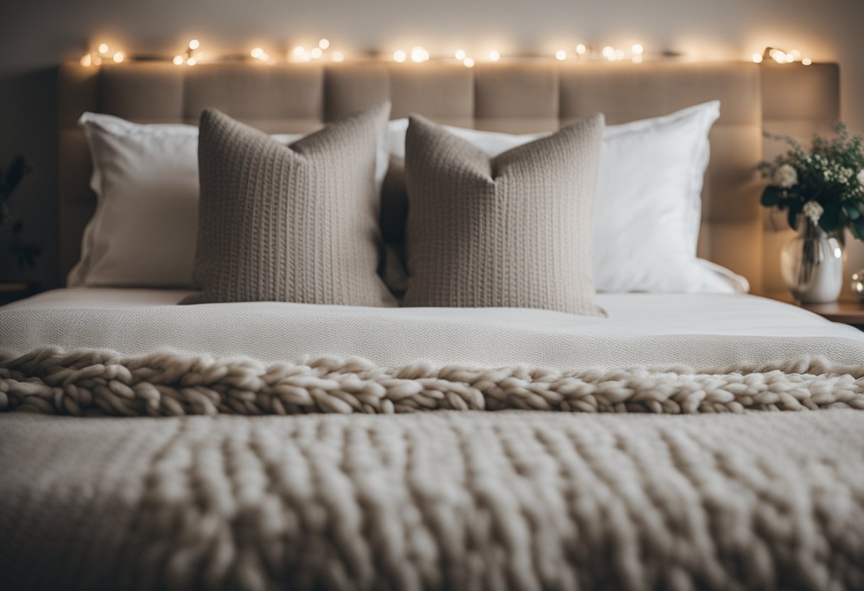 A cozy bedroom with a large, comfortable bed, soft lighting, and a neutral color palette. A plush rug and decorative pillows add warmth, while a bedside table and lamp complete the inviting space